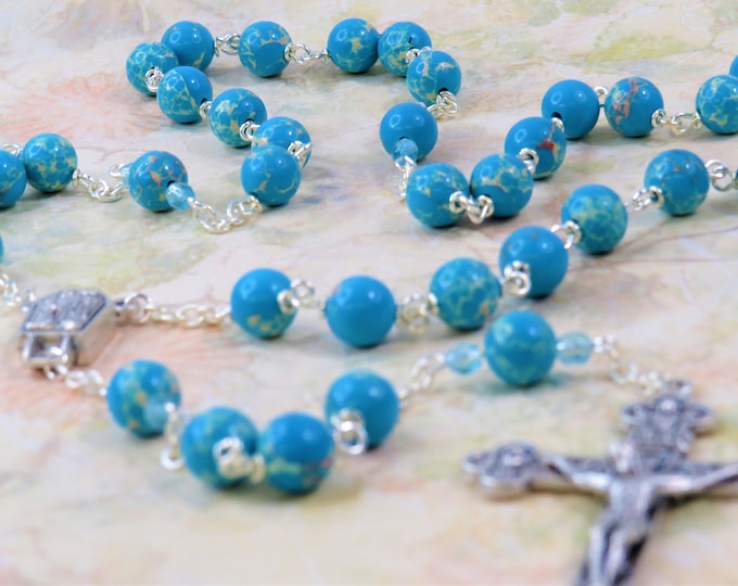 Turquoise Blue Sea Jasper Rosary - Apatite Turquoise Blue Sea Jasper Gemstone Beads -Lady of Lourdes with Water Center -Eucharistic Crucifix