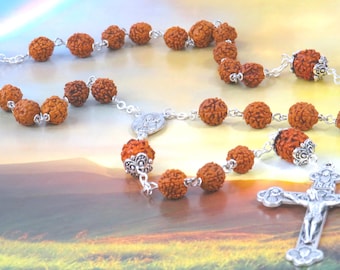 Rudraksha Rosary - Natural Rudraksha Beads - OL of Sorrows with Earth from Jerusalem "Holy Land" Center -Italian Silver Eucharistic Crucifix