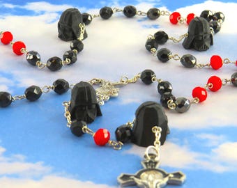 Star Wars Rosary - Czech Black, Gray and Red 8mm Crystal Beads - 3D Darth Vader Father Beads - St Michael Center -St Benedict Black Crucifix