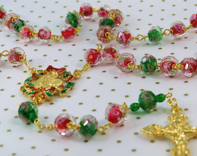 Christmas Rosary - Faceted Red & Green Rose Flower and Glitter Handmade Lamp Glass Beads - Christmas Red and Green Center -Filigree Crucifix