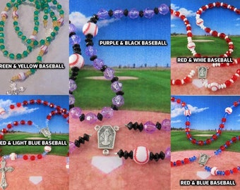 Baseball Sports Rosaries - Red and Dark Blue - Red and White - Purple and Black - Green and Yellow - Red & Light Blue - Baseball Team Colors