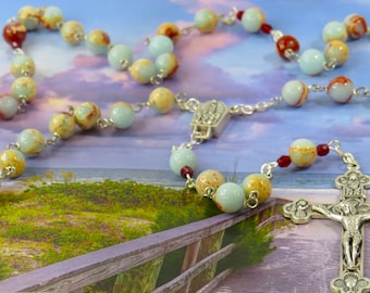 Blue & Terra Sea Jasper Rosary - Powder Blue and Terra Sea Sediment Jasper Beads  -Ital Fatima with Water Center -Ital Eucharistic Crucifix