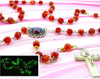 Firefly Red “Glow in the Dark" Rosary - Firefly Red Glow in The Dark 8mm Glass Beads - OL of Mount Carmel Center - Italian Luminous Crucifix