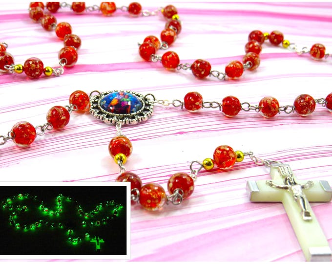 Firefly Red “Glow in the Dark" Rosary - Firefly Red Glow in The Dark 8mm Glass Beads - OL of Mount Carmel Center - Italian Luminous Crucifix