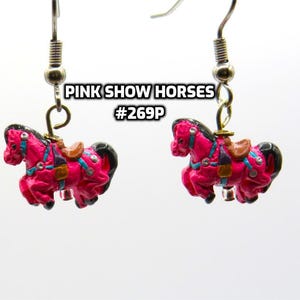 Fun Animal Earrings - Cattle - Cows - Horses - Wolves - Koala Bears - Kangaroos - Llamas - Camels -Hypo Allergenic Surgical Steel Ear Wires Pink Horse