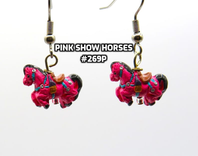 Fun Animal Earrings - Cattle - Cows - Horses - Wolves - Koala Bears - Kangaroos - Llamas - Camels -Hypo Allergenic Surgical Steel Ear Wires Pink Horse