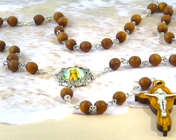 Natural Australian Sandalwood Rosary - Natural Sandalwood 8mm Wood Beads - Immaculate Mary Colorful Center - Olive Wood St Benedict Crucifix