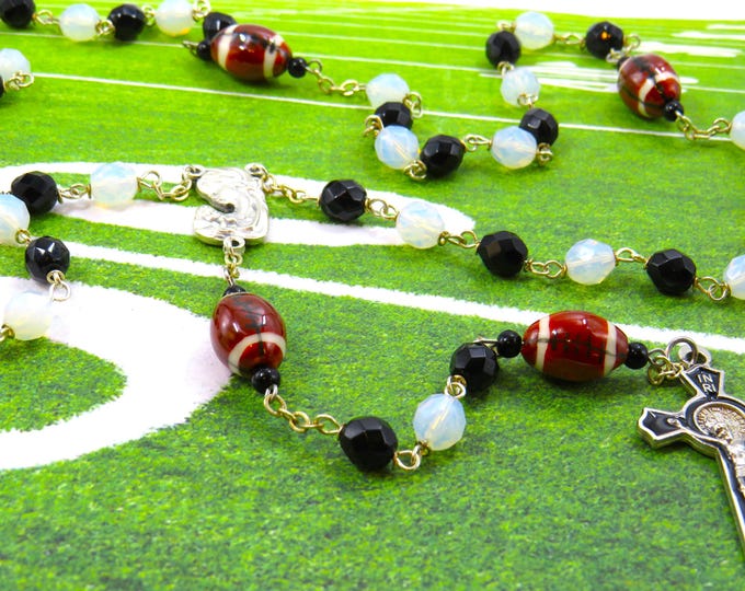 Black & White Football Rosary - Czech Black and White Opal Glass Beads - Ceramic Football Beads - Italian Mary Center -Black Enamel Crucifix