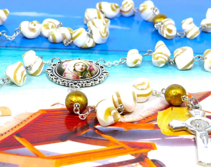 Seashell Rosary - Natural Troca Oyok Seashell Beads - Gold Pearl Father Beads - Virgin Most Pure Center - White Enamel St Benedict Crucifix