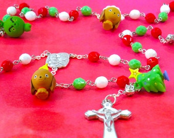 Grinch Christmas Rosary - Grinch Hallmark Charms - Czech White, Green & Red Crystal Beads -Italian Holy Family Center -White Enamel Crucifix