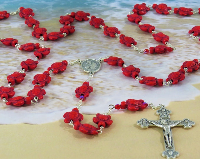 Red Turtle Rosary - Red Stone Turtle Beads - Czech Red Beads-Italian Silver Saint Francis/Anthony Center-Italian Silver Eucharistic Crucifix