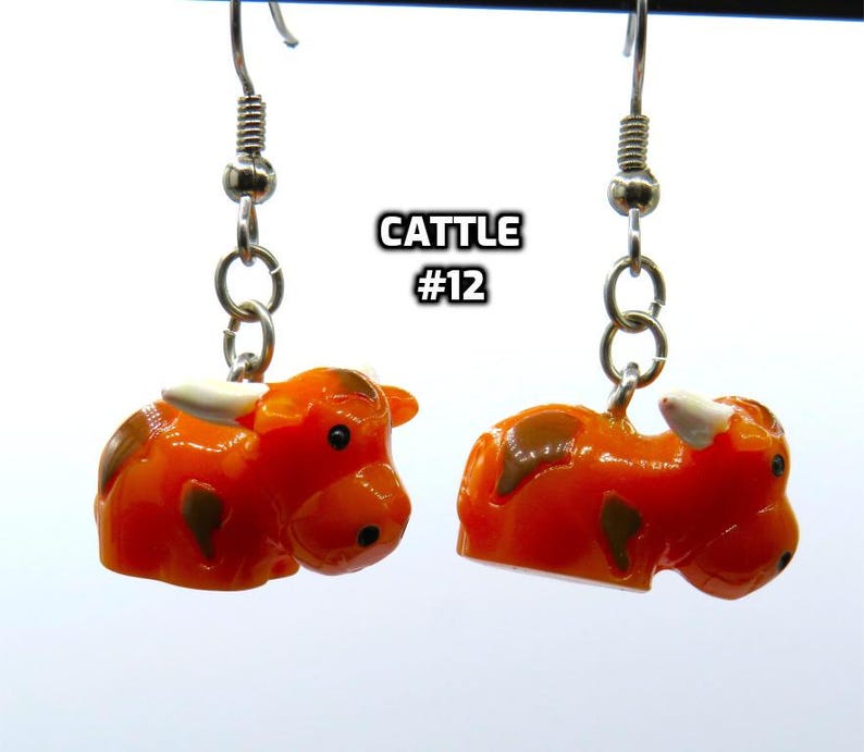 Fun Animal Earrings - Cattle - Cows - Horses - Wolves - Koala Bears - Kangaroos - Llamas - Camels -Hypo Allergenic Surgical Steel Ear Wires Longhorn Cattle