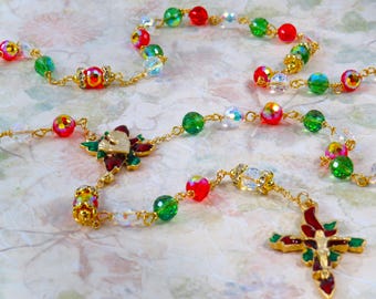Christmas Poinsettia Rosary - Red, Green and Clear AB Crystal Beads - Rhinestone Father Beads - Gold Christmas Poinsettia Center & Crucifix