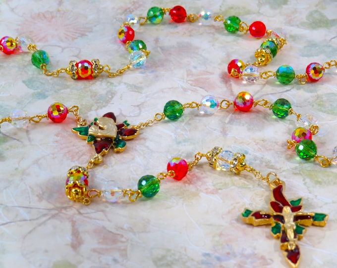 Christmas Poinsettia Rosary - Red, Green and Clear AB Crystal Beads - Rhinestone Father Beads - Gold Christmas Poinsettia Center & Crucifix