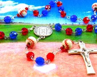 Baseball Blue and Red Rosary - Czech Blue & Red Glass Beads - Ceramic Baseballs - Italian Holy Face Center -Italian Silver Sculptor Crucifix