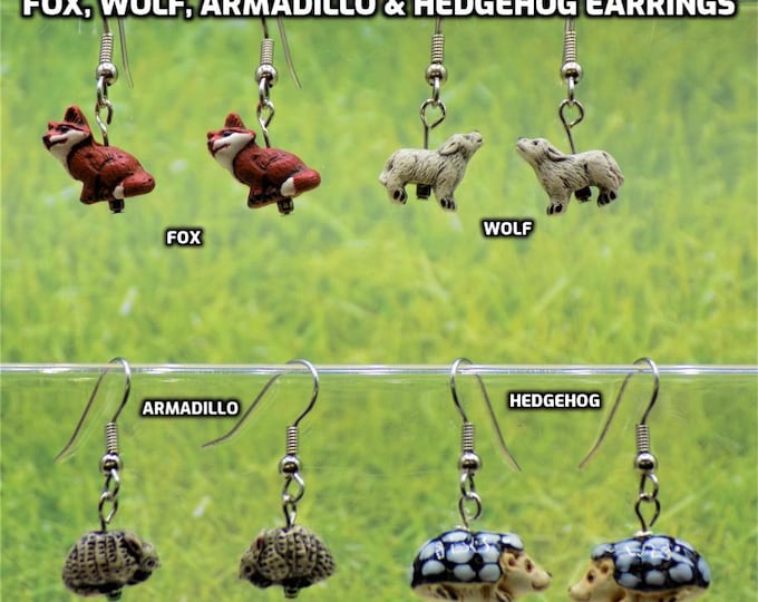 Fox, Wolf, Armadillo & Hedgehog 3D Earrings - Fox Ceramic Earrings - Wolf Ceramic Earrings - Armadillo Ceramic Earrings - Hedgehog Earrings