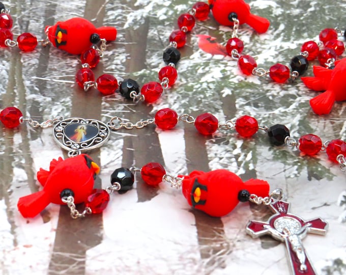 Red Cardinal Bird Rosary - Red Cardinal Silicone Beads - Czech Glass Red & Black Beads -Divine Mercy Center -St Benedict Red Enamel Crucifix
