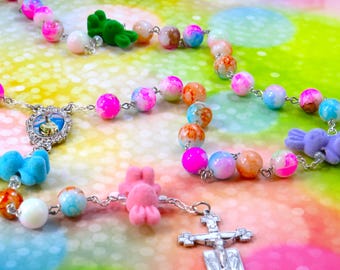 Fuzzy Bunny Rosary - Fuzzy Texture Bunny Father Beads -Rainbow Painted Glass Beads -Italian Pieta Center  -Italian Jesus and Angels Crucifix