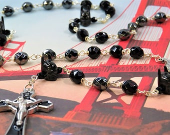 Batman Rosary - Czech Black and Gray 8mm Crystal Beads - 3D Batman Father Beads - Italian St Michael Center - St Benedict Black Crucifix