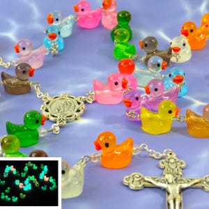 Ducky Rosary - Glows in the Dark - Multi Color Hand-Painted Duck Beads - Italian Our Lady of Lourdes Center - Italian Eucharistic Crucifix