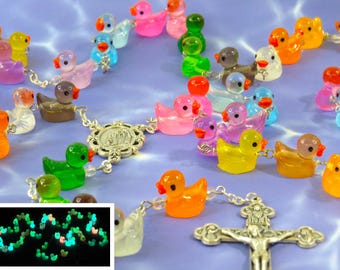 Ducky Rosary - Glows in the Dark - Multi Color Hand-Painted Duck Beads - Italian Our Lady of Lourdes Center - Italian Eucharistic Crucifix