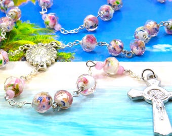 White & Pink Rose Flower Lamp Glass Rosary - Faceted White and Pink Rose Flower Lamp Glass Beads - Mary Flower Center -White Enamel Crucifix
