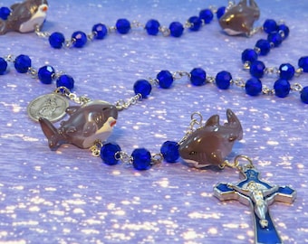 Shark Rosary - Czech Ocean Blue Glass Beads - Shark Father Resin Beads - Italian Sts Francis/Anthony Center - Italian Blue Enamel Crucifix