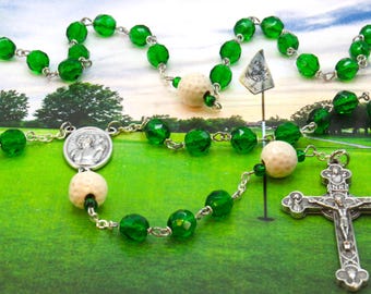 Golf Ball Rosary - Czech 8mm Green Glass Beads - Ceramic Golf Balls - Italian Silver Saint Sebastian Center - Italian Eucharistic Crucifix
