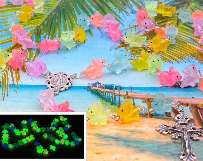 Dinosaur Triceratops Rosary - Multi Color Glow in the Dark Triceratops Dinosaur Beads - Italian Mary Center - Italian Fleur de Lis Crucifix