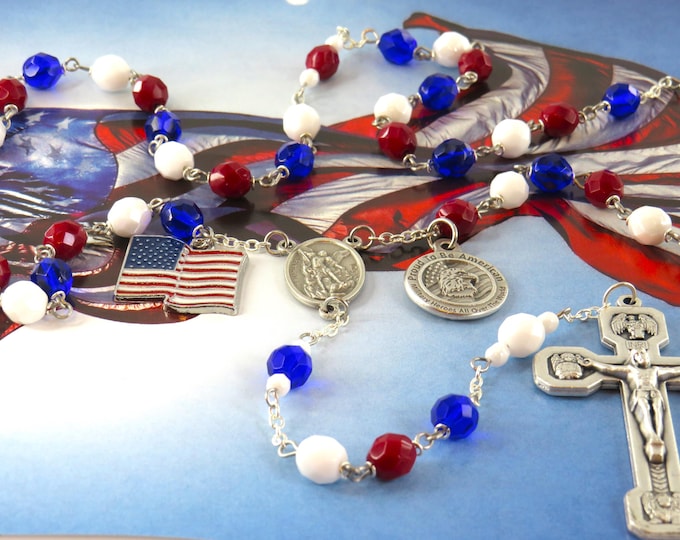 Proud to be American Rosary - Czech Red, White and Blue Crystal Beads - US Flag Charm - St Michael Center - Proud To Be American Charm
