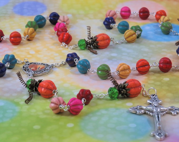 Pumpkin Rainbow Harvest Rosary - Stone Rainbow Pumpkin Beads - Pumpkin Father Beads - OL of Lourdes Colorful Center - Italian Flare Crucifix