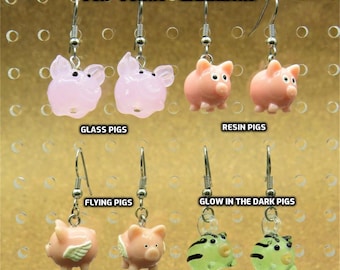 Pig Earrings - Pink Glass Pigs - Pink Pigs - Flying Pigs - "Glow in the Dark" Black Stripe Pigs - 4 Different Styles to Choose From