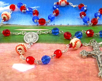 Baseball Blue and Red Rosary - Czech Blue & Red Glass Beads - Ceramic Baseballs - Italian St Sebastian Center - Italian Eucharistic Crucifix