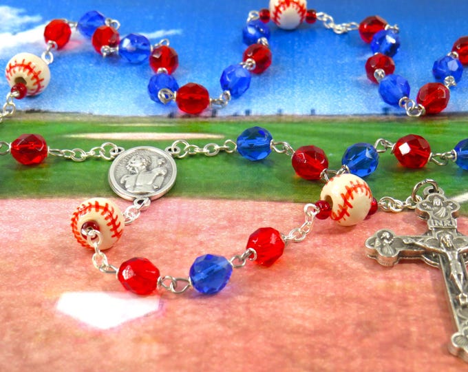 Baseball Blue and Red Rosary - Czech Blue & Red Glass Beads - Ceramic Baseballs - Italian St Sebastian Center - Italian Eucharistic Crucifix