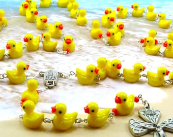 Ducky Rosary - Hand-Painted Duck Beads - Orange Accent Father Beads - Italian Our Lady of Fatima Water Center -Italian Silver Swirl Crucifix