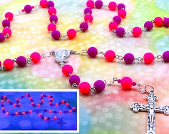Fluorescent Pink and Purple Neon Rosary -Czech Flurescent Pink & Purple Neon Glass Beads -Italian Fatima Center-Italian Eucharistic Crucifix