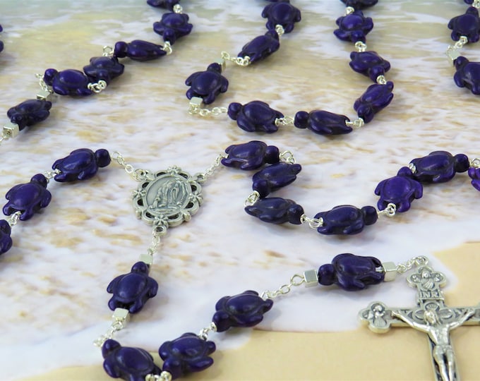 Purple Turtle Rosary - Purple Stone Turtle Beads - Metal Father Beads - Italian Silver Lourdes Center - Italian Silver Eucharistic Crucifix