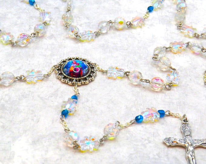 Teddy Bear Rosary - AB Crystal Teddy Bear Beads - Czech AB Crystal Beads -Colorful OL of Mount Carmel Center -Italian Silver Ornate Crucifix