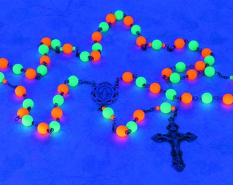 Glow in the Dark UV Reactive Fluorescent Rosary - Czech Green & Orange Neon 8mm Glass Beads - Italian Mary Center -Italian Filigree Crucifix