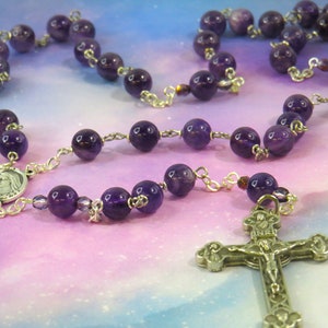 Amethyst Rosary - Semi Precious Amethyst Beads - Czech Purple Beads-Italian Our Lady of Medjugorje Earth Center-Italian Eucharistic Crucifix