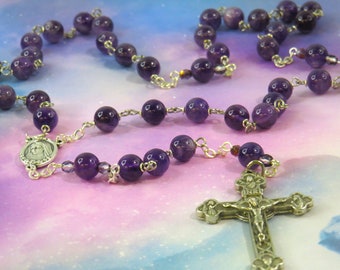 Amethyst Rosary - Semi Precious Amethyst Beads - Czech Purple Beads-Italian Our Lady of Medjugorje Earth Center-Italian Eucharistic Crucifix