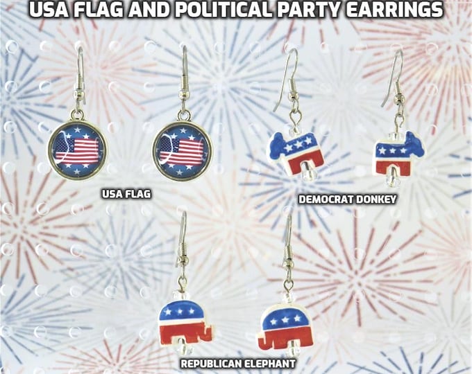 USA Flag and Political Party Earrings - USA Flag Metal Charm - Democrat Donkey Ceramic Charm - Republican Elephant Ceramic Charm Earrings