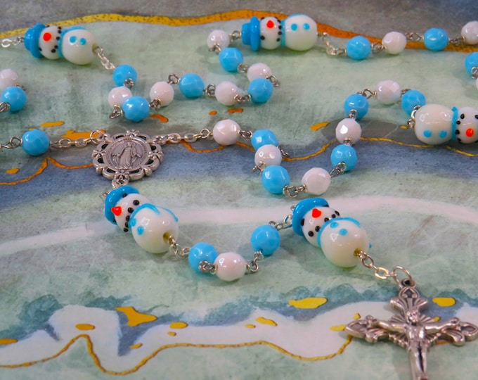 Snowman Rosary - Czech White & Blue Crystal Beads - Handmade Snowman Beads - Italian Miraculous Medal Center - Italian Fleur De Lis Crucifix