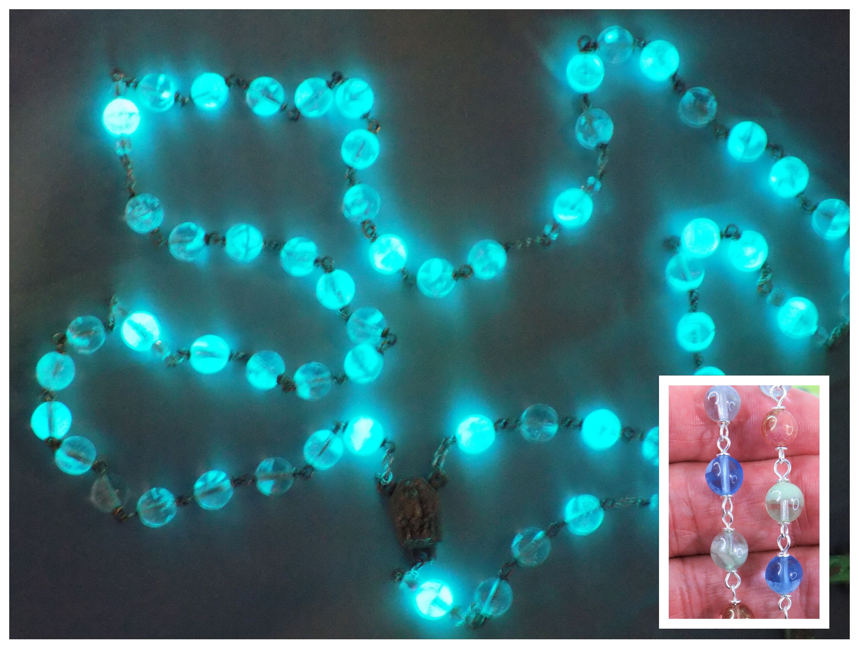 Multi Color Czech Glass Glow in the Dark Rosary - Blue, Topaz & Green Glow  in The Dark Glass Beads-Medjugorje Earth Center-Luminous Crucifix