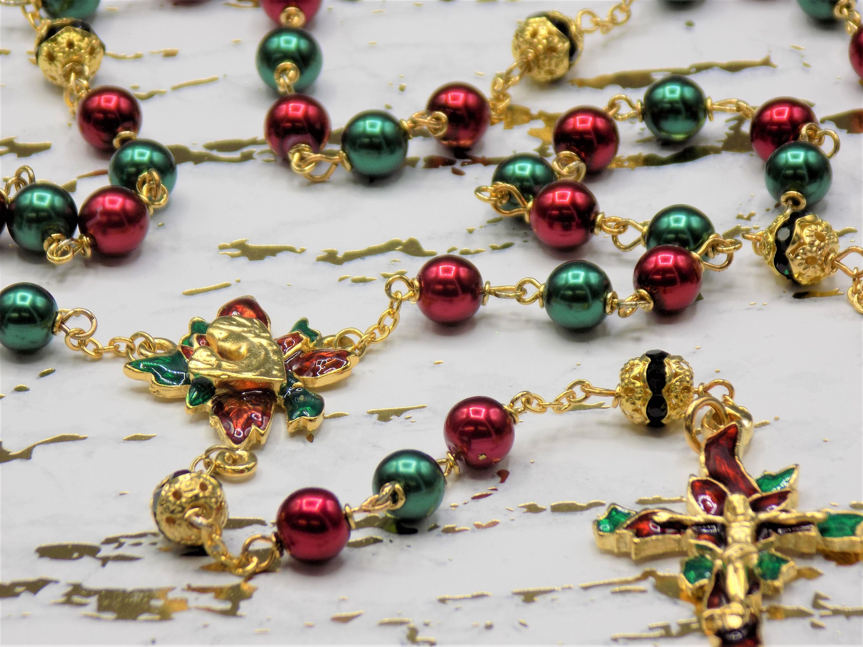 Christmas Poinsettia Rosary - Red and Green Glass Pearl Beads - Green  Rhinestone Father Beads - Gold Christmas Poinsettia Center & Crucifix