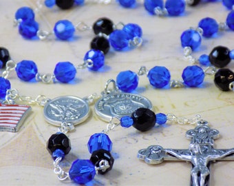 Police Officer Rosary - Czech Blue & Black 8mm Crystal Beads - Saint Michael Italian Silver Center - Italian Crucifix - US Flag Charm Rosary