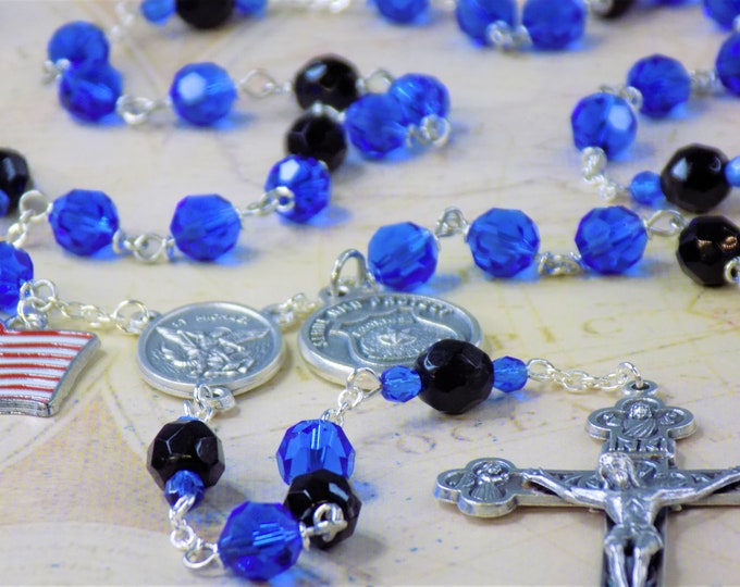 Police Officer Rosary - Czech Blue & Black 8mm Crystal Beads - Saint Michael Italian Silver Center - Italian Crucifix - US Flag Charm Rosary