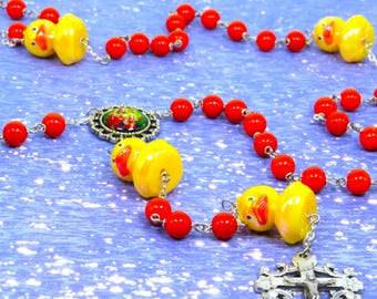 Yellow Ducky Rosary - Painted Acrylic Ducks - Orange Glass Beads - Colorful Stained Glass Look Sacred Heart Center - Italian Fancy Crucifix