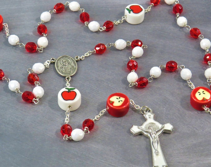 Teacher Rosary - Czech White & Red Crystal Beads - Ceramic Apple Beads -St John De La Salle Medal Center -White Ceramic St Benedict Crucifix