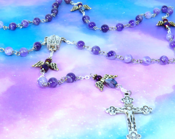 Semi Precious Amethyst Angel Rosary - Semi Precious Amethyst Beads - Purple Angel Beads -Italian Fatima Center -Italian Eucharistic Crucifix